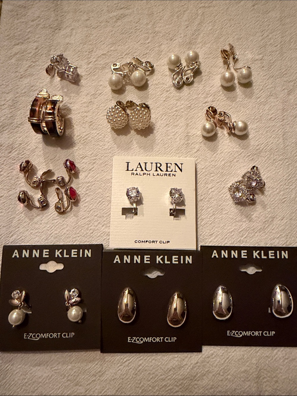 Ralph Lauren CZ,Anne Klein Gold-Tone and White Pearl Clip Earrings,plus 10 pairs